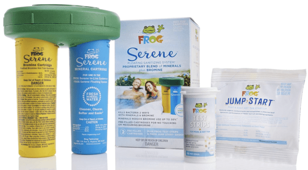 A package of the FROG Serene Floating Sanitizing System for Hot Tubs, Quick and Easy Self-Regulating Hot Tub Sanitizer with Bromine and FROG Sanitizing Minerals Kills Bacteria 2 Ways, for Hot Tubs up to 600 gallons and a bottle of water.